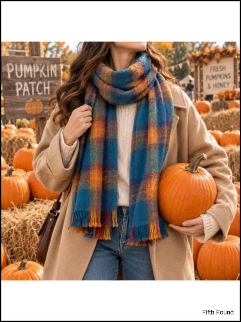 Oversized Plaid Winter Scarf Shawl Wrap with Tassel Fringe